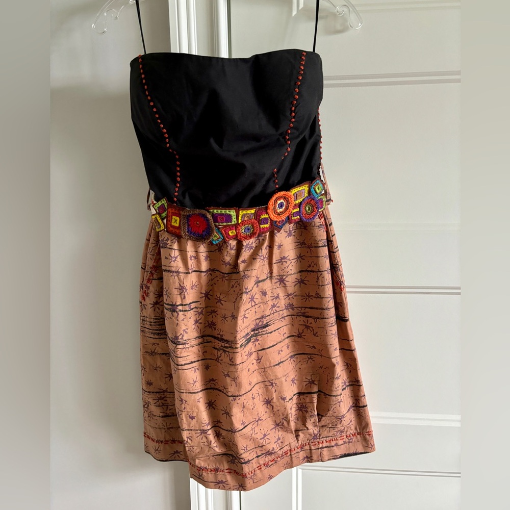 Anthropologie Gisele Barbosa Strapless Pattern Multicolor Dress Belt Black Brown